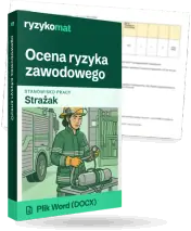 Pudełko dokumentu „Ocena ryzyka zawodowego” ze znakiem Ryzykomat i napisem „Plik Word (DOCX)” na froncie, ilustracja stanowiska „Strażak”; zza pudełka wystaje strona prawdziwego dokumentu z rozmytą treścią