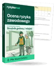 Pudełko dokumentu „Ocena ryzyka zawodowego” ze znakiem Ryzykomat i napisem „Plik Word (DOCX)” na froncie, ilustracja stanowiska „Strażnik gminny / miejski”; zza pudełka wystaje strona prawdziwego dokumentu z rozmytą treścią