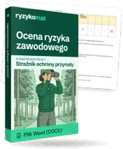 Pudełko dokumentu „Ocena ryzyka zawodowego” ze znakiem Ryzykomat i napisem „Plik Word (DOCX)” na froncie, ilustracja stanowiska „Strażnik ochrony przyrody”; zza pudełka wystaje strona prawdziwego dokumentu z rozmytą treścią