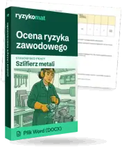Pudełko dokumentu „Ocena ryzyka zawodowego” ze znakiem Ryzykomat i napisem „Plik Word (DOCX)” na froncie, ilustracja stanowiska „Szlifierz metali”; zza pudełka wystaje strona prawdziwego dokumentu z rozmytą treścią