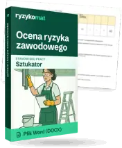 Pudełko dokumentu „Ocena ryzyka zawodowego” ze znakiem Ryzykomat i napisem „Plik Word (DOCX)” na froncie, ilustracja stanowiska „Sztukator”; zza pudełka wystaje strona prawdziwego dokumentu z rozmytą treścią