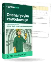 Pudełko dokumentu „Ocena ryzyka zawodowego” ze znakiem Ryzykomat i napisem „Plik Word (DOCX)” na froncie, ilustracja stanowiska „Sztygar (dozór ruchu w górnictwie podziemnym)”; zza pudełka wystaje strona prawdziwego dokumentu z rozmytą treścią
