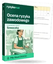 Pudełko dokumentu „Ocena ryzyka zawodowego” ze znakiem Ryzykomat i napisem „Plik Word (DOCX)” na froncie, ilustracja stanowiska „Szwaczka”; zza pudełka wystaje strona prawdziwego dokumentu z rozmytą treścią