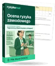 Pudełko dokumentu „Ocena ryzyka zawodowego” ze znakiem Ryzykomat i napisem „Plik Word (DOCX)” na froncie, ilustracja stanowiska „Tajemniczy klient (mystery shopper)”; zza pudełka wystaje strona prawdziwego dokumentu z rozmytą treścią