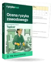Pudełko dokumentu „Ocena ryzyka zawodowego” ze znakiem Ryzykomat i napisem „Plik Word (DOCX)” na froncie, ilustracja stanowiska „Tapicer”; zza pudełka wystaje strona prawdziwego dokumentu z rozmytą treścią