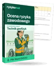 Pudełko dokumentu „Ocena ryzyka zawodowego” ze znakiem Ryzykomat i napisem „Plik Word (DOCX)” na froncie, ilustracja stanowiska „Technik geofizyk”; zza pudełka wystaje strona prawdziwego dokumentu z rozmytą treścią