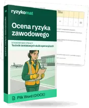 Pudełko dokumentu „Ocena ryzyka zawodowego” ze znakiem Ryzykomat i napisem „Plik Word (DOCX)” na froncie, ilustracja stanowiska „Technik lotniskowych służb operacyjnych”; zza pudełka wystaje strona prawdziwego dokumentu z rozmytą treścią