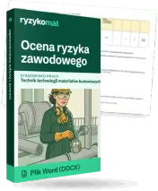 Pudełko dokumentu „Ocena ryzyka zawodowego” ze znakiem Ryzykomat i napisem „Plik Word (DOCX)” na froncie, ilustracja stanowiska „Technik technologii materiałów budowlanych”; zza pudełka wystaje strona prawdziwego dokumentu z rozmytą treścią