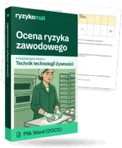 Pudełko dokumentu „Ocena ryzyka zawodowego” ze znakiem Ryzykomat i napisem „Plik Word (DOCX)” na froncie, ilustracja stanowiska „Technik technologii żywności”; zza pudełka wystaje strona prawdziwego dokumentu z rozmytą treścią