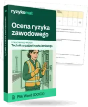 Pudełko dokumentu „Ocena ryzyka zawodowego” ze znakiem Ryzykomat i napisem „Plik Word (DOCX)” na froncie, ilustracja stanowiska „Technik urządzeń ruchu lotniczego”; zza pudełka wystaje strona prawdziwego dokumentu z rozmytą treścią