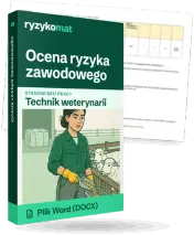 Pudełko dokumentu „Ocena ryzyka zawodowego” ze znakiem Ryzykomat i napisem „Plik Word (DOCX)” na froncie, ilustracja stanowiska „Technik weterynarii”; zza pudełka wystaje strona prawdziwego dokumentu z rozmytą treścią