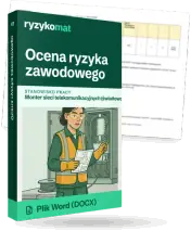 Pudełko dokumentu „Ocena ryzyka zawodowego” ze znakiem Ryzykomat i napisem „Plik Word (DOCX)” na froncie, ilustracja stanowiska „Monter sieci telekomunikacyjnych (światłowody)”; zza pudełka wystaje strona prawdziwego dokumentu z rozmytą treścią