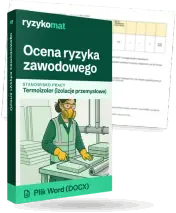 Pudełko dokumentu „Ocena ryzyka zawodowego” ze znakiem Ryzykomat i napisem „Plik Word (DOCX)” na froncie, ilustracja stanowiska „Termoizoler (izolacje przemysłowe)”; zza pudełka wystaje strona prawdziwego dokumentu z rozmytą treścią