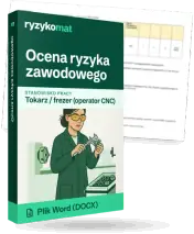 Pudełko dokumentu „Ocena ryzyka zawodowego” ze znakiem Ryzykomat i napisem „Plik Word (DOCX)” na froncie, ilustracja stanowiska „Tokarz / frezer (operator CNC)”; zza pudełka wystaje strona prawdziwego dokumentu z rozmytą treścią