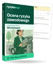 Pudełko dokumentu „Ocena ryzyka zawodowego” ze znakiem Ryzykomat i napisem „Plik Word (DOCX)” na froncie, ilustracja stanowiska „Windykator”; zza pudełka wystaje strona prawdziwego dokumentu z rozmytą treścią