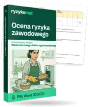 Pudełko dokumentu „Ocena ryzyka zawodowego” ze znakiem Ryzykomat i napisem „Plik Word (DOCX)” na froncie, ilustracja stanowiska „Właściciel małego obiektu agroturystycznego / hotelarskiego / gastronomicznego”; zza pudełka wystaje strona prawdziwego dokumentu z rozmytą treścią
