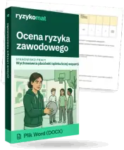 Pudełko dokumentu „Ocena ryzyka zawodowego” ze znakiem Ryzykomat i napisem „Plik Word (DOCX)” na froncie, ilustracja stanowiska „Wychowawca placówki opiekuńczej wsparcia dziennego”; zza pudełka wystaje strona prawdziwego dokumentu z rozmytą treścią