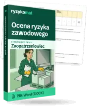 Pudełko dokumentu „Ocena ryzyka zawodowego” ze znakiem Ryzykomat i napisem „Plik Word (DOCX)” na froncie, ilustracja stanowiska „Zaopatrzeniowiec”; zza pudełka wystaje strona prawdziwego dokumentu z rozmytą treścią