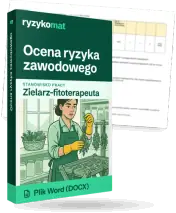 Pudełko dokumentu „Ocena ryzyka zawodowego” ze znakiem Ryzykomat i napisem „Plik Word (DOCX)” na froncie, ilustracja stanowiska „Zielarz-fitoterapeuta”; zza pudełka wystaje strona prawdziwego dokumentu z rozmytą treścią