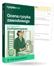 Pudełko dokumentu „Ocena ryzyka zawodowego” ze znakiem Ryzykomat i napisem „Plik Word (DOCX)” na froncie, ilustracja stanowiska „Zoofizjoterapeuta”; zza pudełka wystaje strona prawdziwego dokumentu z rozmytą treścią