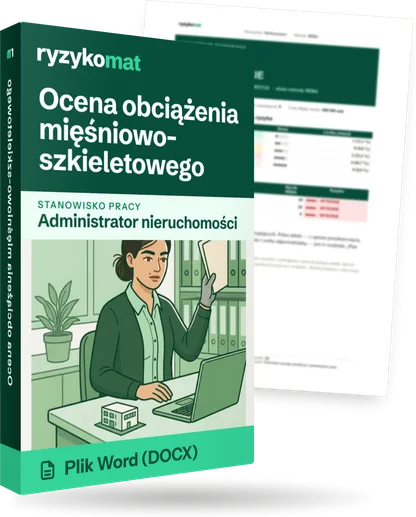 Pudełko dokumentu „Ocena obciążenia mięśniowo-szkieletowego” ze znakiem Ryzykomat i napisem „Plik Word (DOCX)” na froncie, ilustracja stanowiska „Administrator nieruchomości”; zza pudełka wystaje strona prawdziwego dokumentu z rozmytą treścią