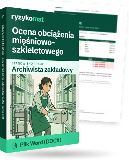 Pudełko dokumentu „Ocena obciążenia mięśniowo-szkieletowego” ze znakiem Ryzykomat i napisem „Plik Word (DOCX)” na froncie, ilustracja stanowiska „Archiwista zakładowy”; zza pudełka wystaje strona prawdziwego dokumentu z rozmytą treścią