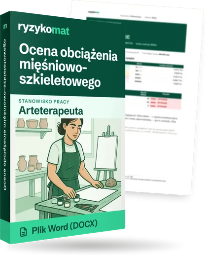 Pudełko dokumentu „Ocena obciążenia mięśniowo-szkieletowego” ze znakiem Ryzykomat i napisem „Plik Word (DOCX)” na froncie, ilustracja stanowiska „Arteterapeuta”; zza pudełka wystaje strona prawdziwego dokumentu z rozmytą treścią