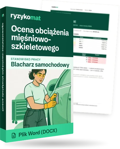 Pudełko dokumentu „Ocena obciążenia mięśniowo-szkieletowego” ze znakiem Ryzykomat i napisem „Plik Word (DOCX)” na froncie, ilustracja stanowiska „Blacharz samochodowy”; zza pudełka wystaje strona prawdziwego dokumentu z rozmytą treścią