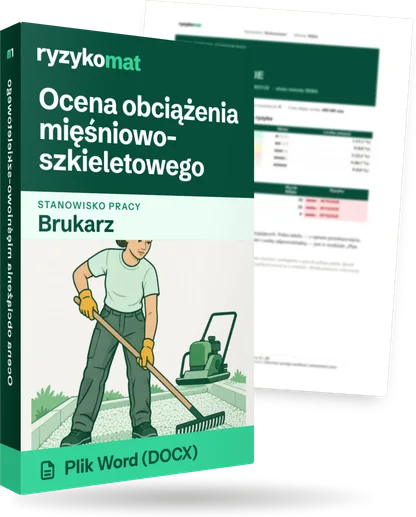 Pudełko dokumentu „Ocena obciążenia mięśniowo-szkieletowego” ze znakiem Ryzykomat i napisem „Plik Word (DOCX)” na froncie, ilustracja stanowiska „Brukarz”; zza pudełka wystaje strona prawdziwego dokumentu z rozmytą treścią