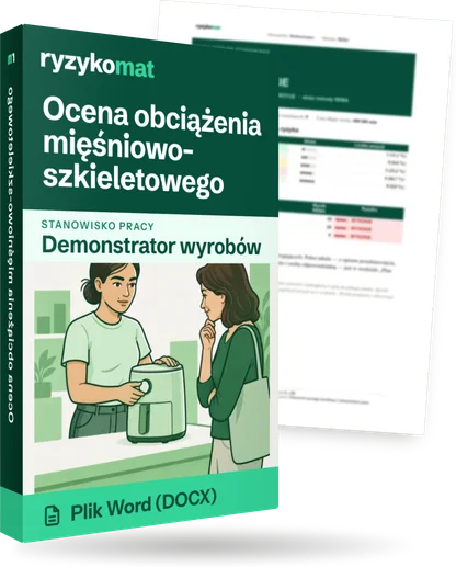 Pudełko dokumentu „Ocena obciążenia mięśniowo-szkieletowego” ze znakiem Ryzykomat i napisem „Plik Word (DOCX)” na froncie, ilustracja stanowiska „Demonstrator wyrobów”; zza pudełka wystaje strona prawdziwego dokumentu z rozmytą treścią