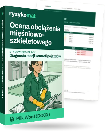 Pudełko dokumentu „Ocena obciążenia mięśniowo-szkieletowego” ze znakiem Ryzykomat i napisem „Plik Word (DOCX)” na froncie, ilustracja stanowiska „Diagnosta stacji kontroli pojazdów”; zza pudełka wystaje strona prawdziwego dokumentu z rozmytą treścią