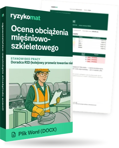 Pudełko dokumentu „Ocena obciążenia mięśniowo-szkieletowego” ze znakiem Ryzykomat i napisem „Plik Word (DOCX)” na froncie, ilustracja stanowiska „Doradca RID (kolejowy przewóz towarów niebezpiecznych)”; zza pudełka wystaje strona prawdziwego dokumentu z rozmytą treścią