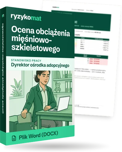 Pudełko dokumentu „Ocena obciążenia mięśniowo-szkieletowego” ze znakiem Ryzykomat i napisem „Plik Word (DOCX)” na froncie, ilustracja stanowiska „Dyrektor ośrodka adopcyjnego”; zza pudełka wystaje strona prawdziwego dokumentu z rozmytą treścią