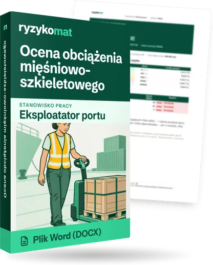 Pudełko dokumentu „Ocena obciążenia mięśniowo-szkieletowego” ze znakiem Ryzykomat i napisem „Plik Word (DOCX)” na froncie, ilustracja stanowiska „Eksploatator portu”; zza pudełka wystaje strona prawdziwego dokumentu z rozmytą treścią