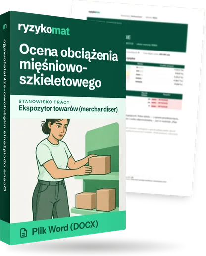 Pudełko dokumentu „Ocena obciążenia mięśniowo-szkieletowego” ze znakiem Ryzykomat i napisem „Plik Word (DOCX)” na froncie, ilustracja stanowiska „Ekspozytor towarów (merchandiser)”; zza pudełka wystaje strona prawdziwego dokumentu z rozmytą treścią