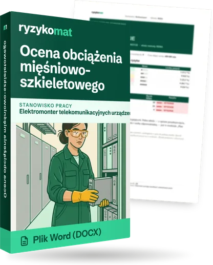 Pudełko dokumentu „Ocena obciążenia mięśniowo-szkieletowego” ze znakiem Ryzykomat i napisem „Plik Word (DOCX)” na froncie, ilustracja stanowiska „Elektromonter telekomunikacyjnych urządzeń zasilających”; zza pudełka wystaje strona prawdziwego dokumentu z rozmytą treścią