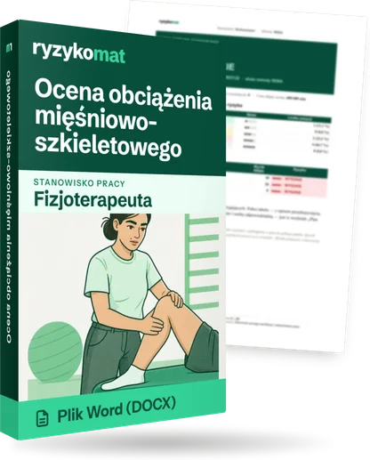 Pudełko dokumentu „Ocena obciążenia mięśniowo-szkieletowego” ze znakiem Ryzykomat i napisem „Plik Word (DOCX)” na froncie, ilustracja stanowiska „Fizjoterapeuta”; zza pudełka wystaje strona prawdziwego dokumentu z rozmytą treścią