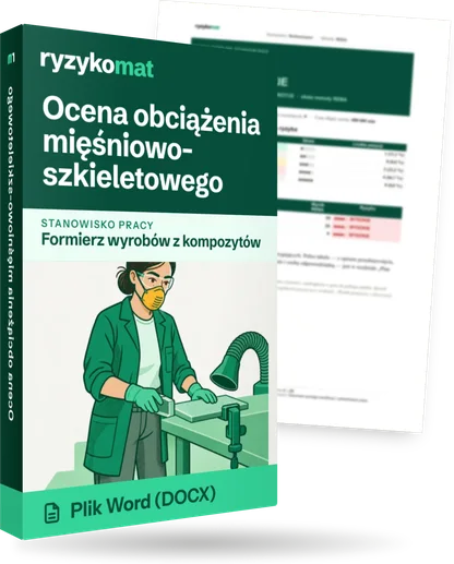 Pudełko dokumentu „Ocena obciążenia mięśniowo-szkieletowego” ze znakiem Ryzykomat i napisem „Plik Word (DOCX)” na froncie, ilustracja stanowiska „Formierz wyrobów z kompozytów”; zza pudełka wystaje strona prawdziwego dokumentu z rozmytą treścią