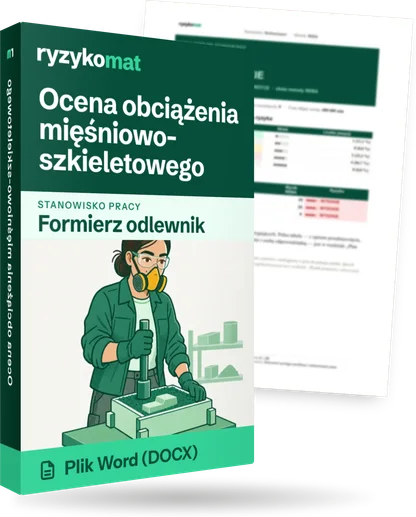 Pudełko dokumentu „Ocena obciążenia mięśniowo-szkieletowego” ze znakiem Ryzykomat i napisem „Plik Word (DOCX)” na froncie, ilustracja stanowiska „Formierz odlewnik”; zza pudełka wystaje strona prawdziwego dokumentu z rozmytą treścią