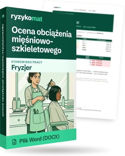 Pudełko dokumentu „Ocena obciążenia mięśniowo-szkieletowego” ze znakiem Ryzykomat i napisem „Plik Word (DOCX)” na froncie, ilustracja stanowiska „Fryzjer”; zza pudełka wystaje strona prawdziwego dokumentu z rozmytą treścią