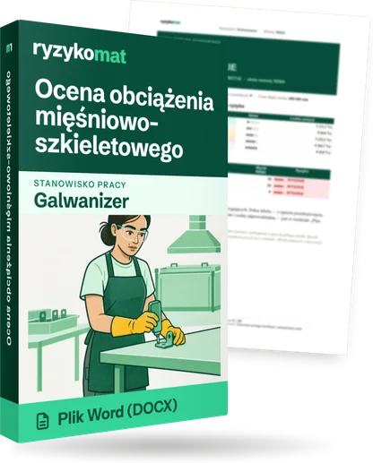 Pudełko dokumentu „Ocena obciążenia mięśniowo-szkieletowego” ze znakiem Ryzykomat i napisem „Plik Word (DOCX)” na froncie, ilustracja stanowiska „Galwanizer”; zza pudełka wystaje strona prawdziwego dokumentu z rozmytą treścią