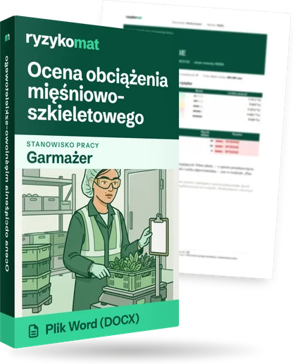 Pudełko dokumentu „Ocena obciążenia mięśniowo-szkieletowego” ze znakiem Ryzykomat i napisem „Plik Word (DOCX)” na froncie, ilustracja stanowiska „Garmażer”; zza pudełka wystaje strona prawdziwego dokumentu z rozmytą treścią