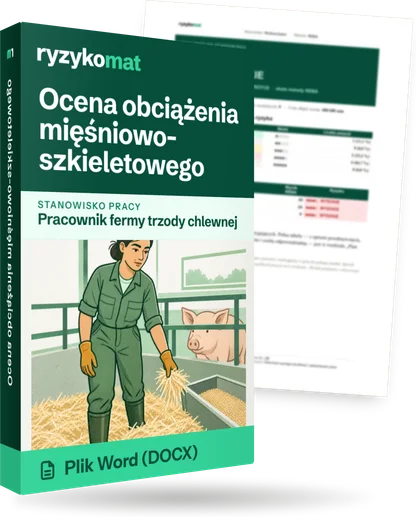 Pudełko dokumentu „Ocena obciążenia mięśniowo-szkieletowego” ze znakiem Ryzykomat i napisem „Plik Word (DOCX)” na froncie, ilustracja stanowiska „Pracownik fermy trzody chlewnej”; zza pudełka wystaje strona prawdziwego dokumentu z rozmytą treścią