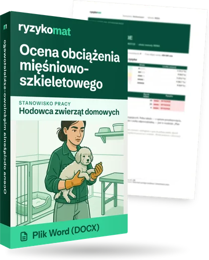 Pudełko dokumentu „Ocena obciążenia mięśniowo-szkieletowego” ze znakiem Ryzykomat i napisem „Plik Word (DOCX)” na froncie, ilustracja stanowiska „Hodowca zwierząt domowych”; zza pudełka wystaje strona prawdziwego dokumentu z rozmytą treścią