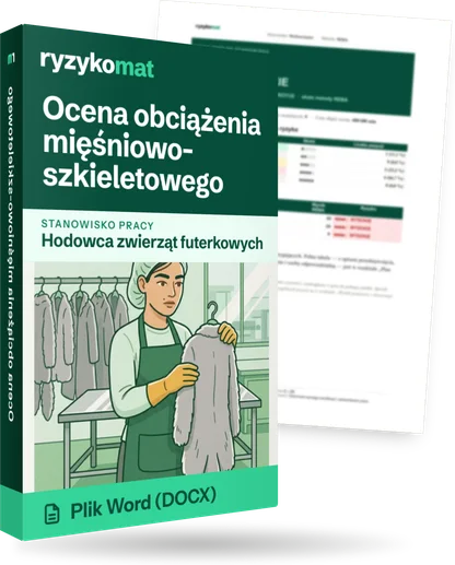 Pudełko dokumentu „Ocena obciążenia mięśniowo-szkieletowego” ze znakiem Ryzykomat i napisem „Plik Word (DOCX)” na froncie, ilustracja stanowiska „Hodowca zwierząt futerkowych”; zza pudełka wystaje strona prawdziwego dokumentu z rozmytą treścią