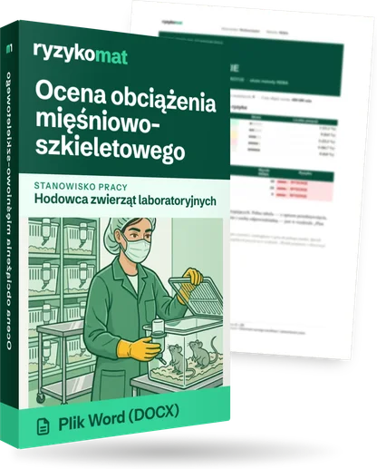 Pudełko dokumentu „Ocena obciążenia mięśniowo-szkieletowego” ze znakiem Ryzykomat i napisem „Plik Word (DOCX)” na froncie, ilustracja stanowiska „Hodowca zwierząt laboratoryjnych”; zza pudełka wystaje strona prawdziwego dokumentu z rozmytą treścią