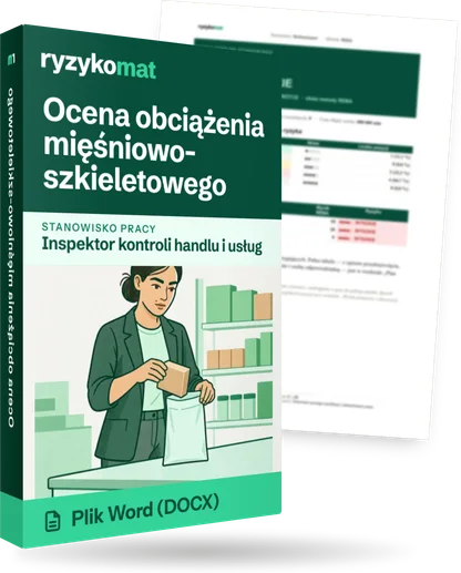 Pudełko dokumentu „Ocena obciążenia mięśniowo-szkieletowego” ze znakiem Ryzykomat i napisem „Plik Word (DOCX)” na froncie, ilustracja stanowiska „Inspektor kontroli handlu i usług”; zza pudełka wystaje strona prawdziwego dokumentu z rozmytą treścią