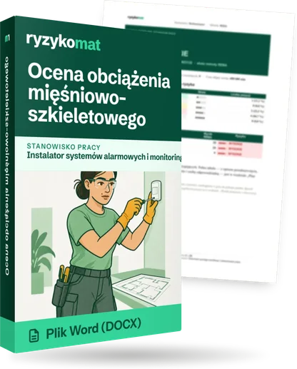 Pudełko dokumentu „Ocena obciążenia mięśniowo-szkieletowego” ze znakiem Ryzykomat i napisem „Plik Word (DOCX)” na froncie, ilustracja stanowiska „Instalator systemów alarmowych i monitoringu”; zza pudełka wystaje strona prawdziwego dokumentu z rozmytą treścią