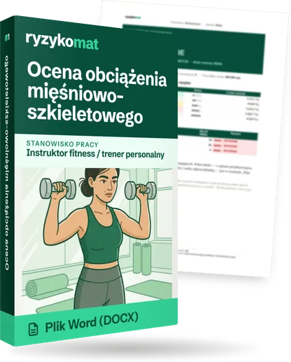 Pudełko dokumentu „Ocena obciążenia mięśniowo-szkieletowego” ze znakiem Ryzykomat i napisem „Plik Word (DOCX)” na froncie, ilustracja stanowiska „Instruktor fitness / trener personalny”; zza pudełka wystaje strona prawdziwego dokumentu z rozmytą treścią