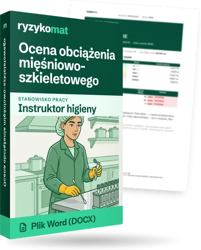 Pudełko dokumentu „Ocena obciążenia mięśniowo-szkieletowego” ze znakiem Ryzykomat i napisem „Plik Word (DOCX)” na froncie, ilustracja stanowiska „Instruktor higieny”; zza pudełka wystaje strona prawdziwego dokumentu z rozmytą treścią